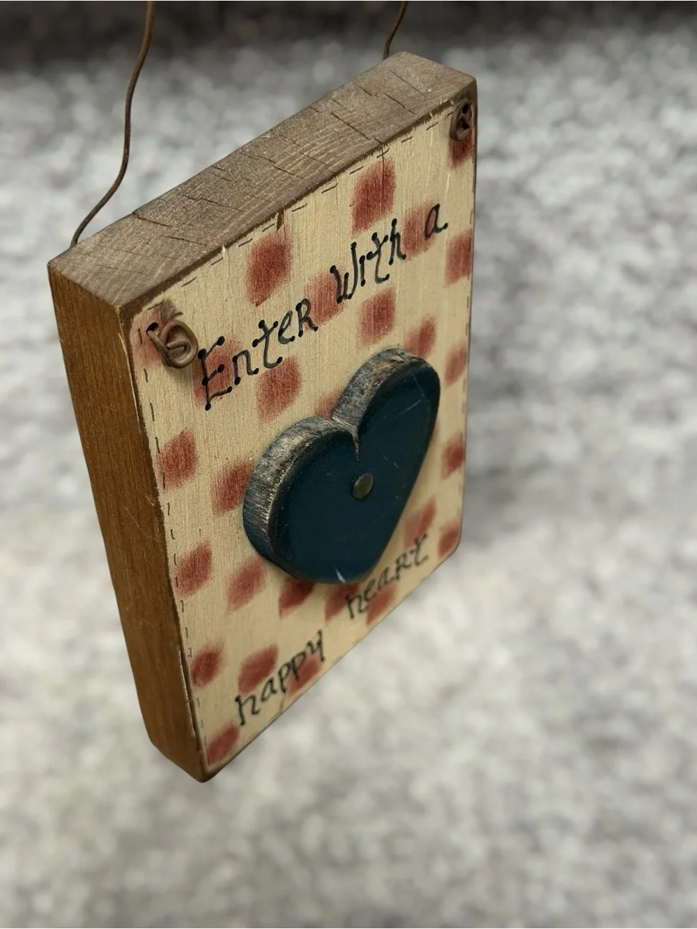 Handmade Primitive Folk Art Wooden Happy Heart Hanging Sign Country Decor